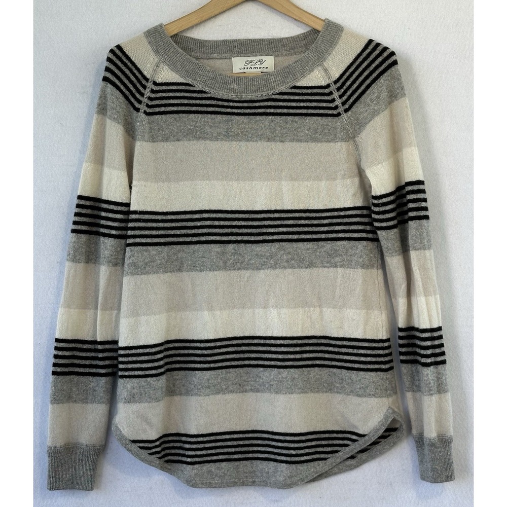 Ply Cashmere Striped Minimalist Sweater Women's L Gray Soft Layering
